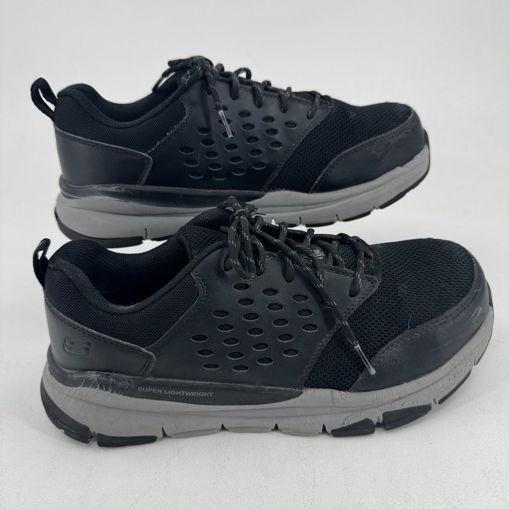 Skechers SN77506W Leather Work Shoes MENS Black Gray Lace Up Comp Toe SIZE 9